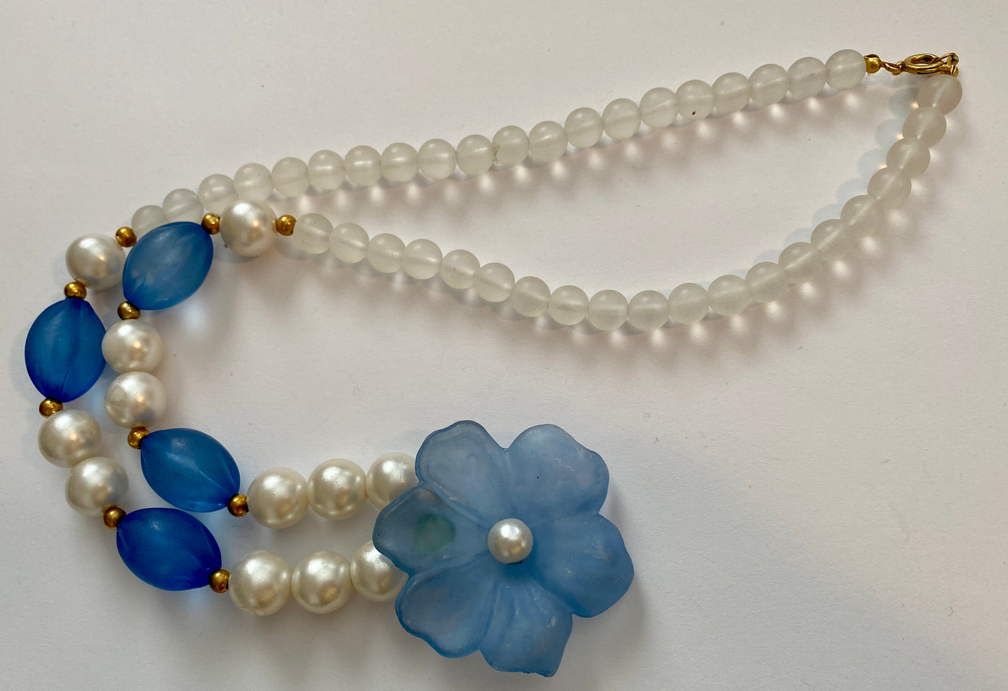 Vintage Faux Pearl Frosted Blue Flower Bead Necklace