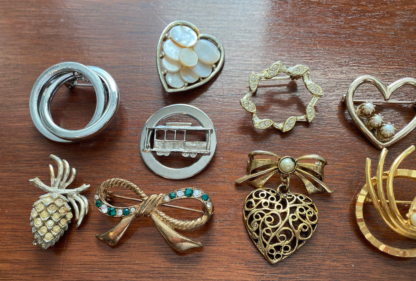 Vintage Brooch Pin Lot Gold Silver Tone Heart Ribbon Wheat Faux Pearl