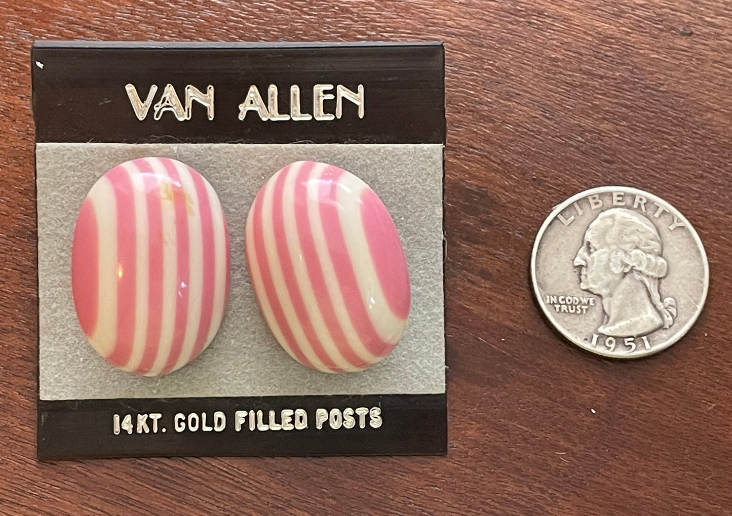 Vintage Post Pink White Resin Stripe Cabochon Stud Earrings Candy