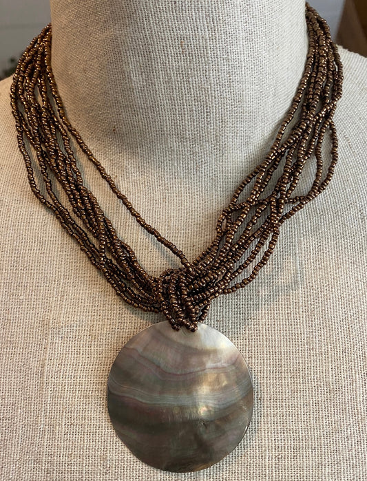 Abalone Disc Pearl Multistrand Gold Glass Necklace