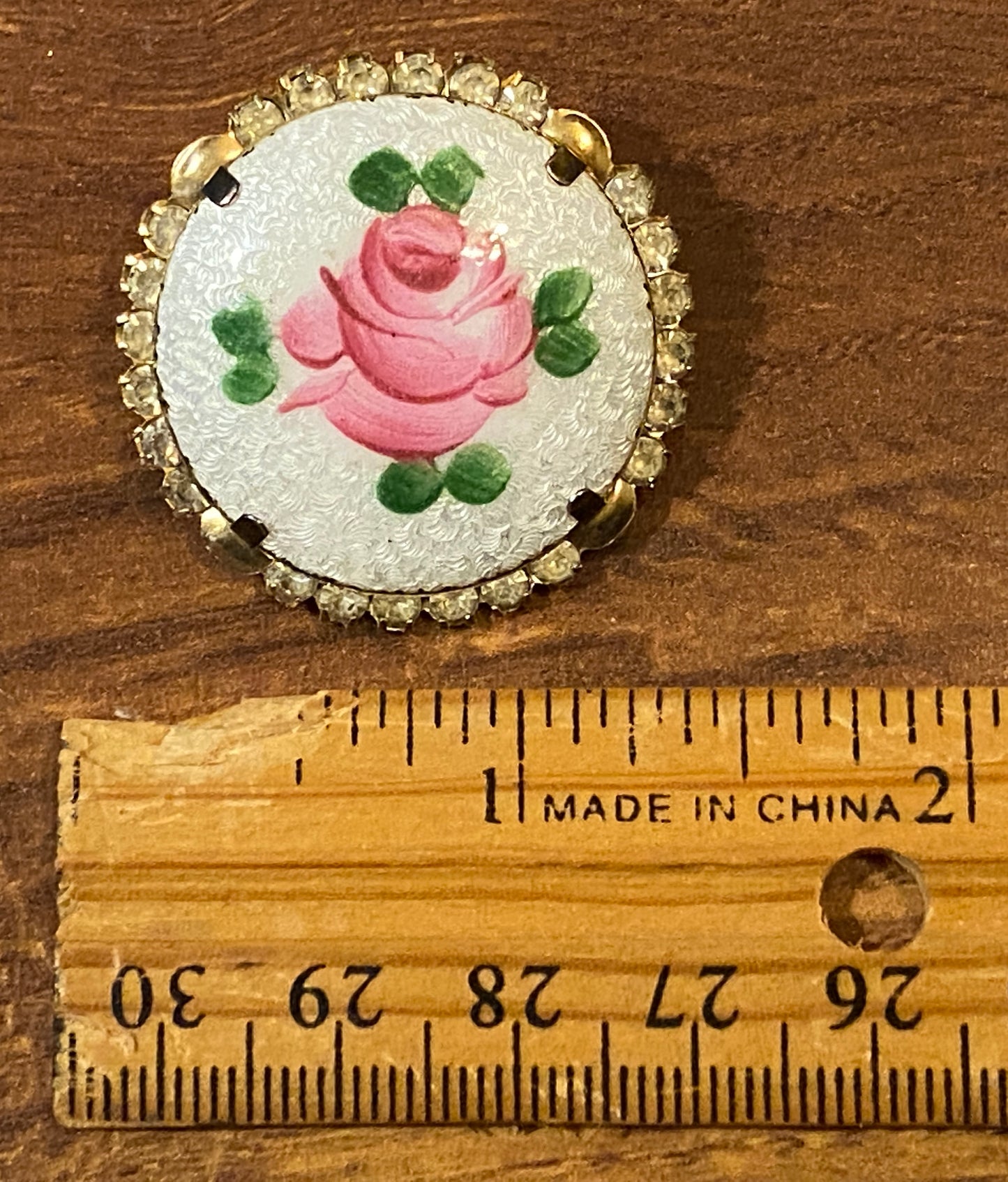 Vintage Gold Tone Guilloche Enamel Rose Painted Rhinestone Brooch Pin