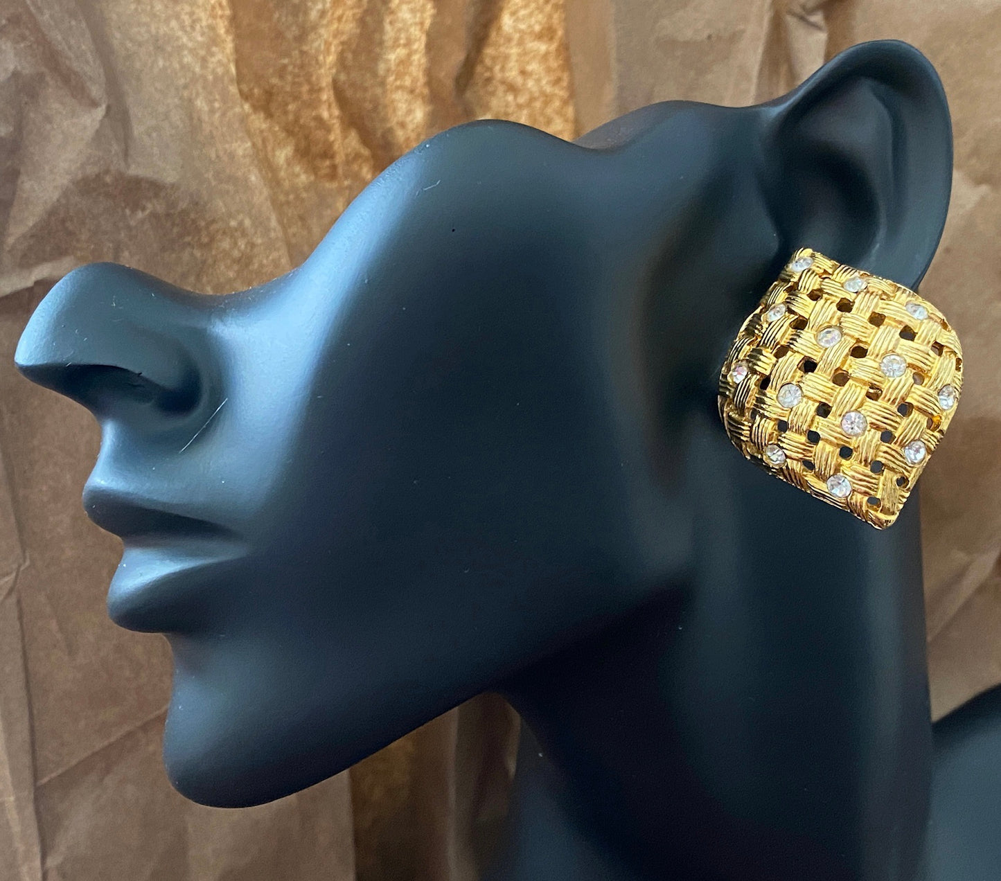 Vintage 80's Large Gold Tone Basket Weave Rhinestone Clip on Earrings