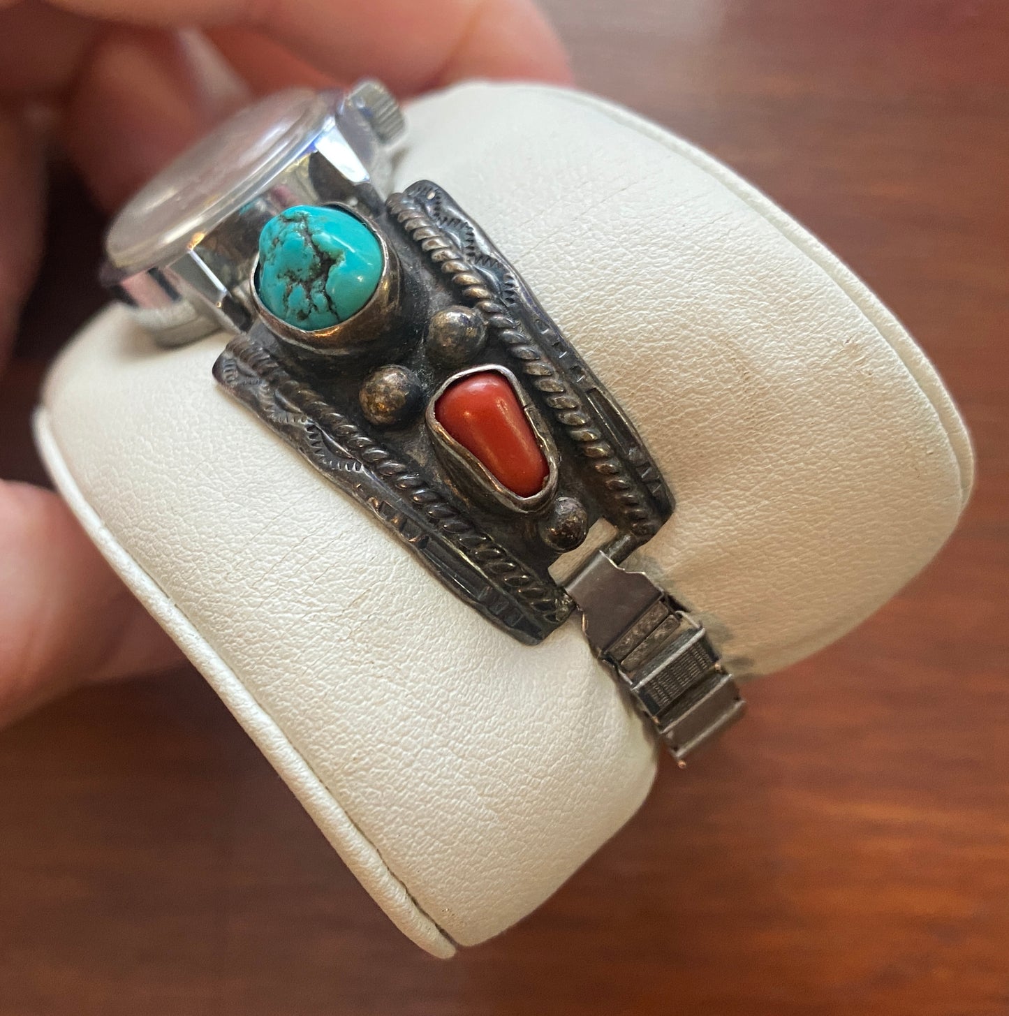 Silver D & J Clark Navajo Turquoise Red Coral Watch Band