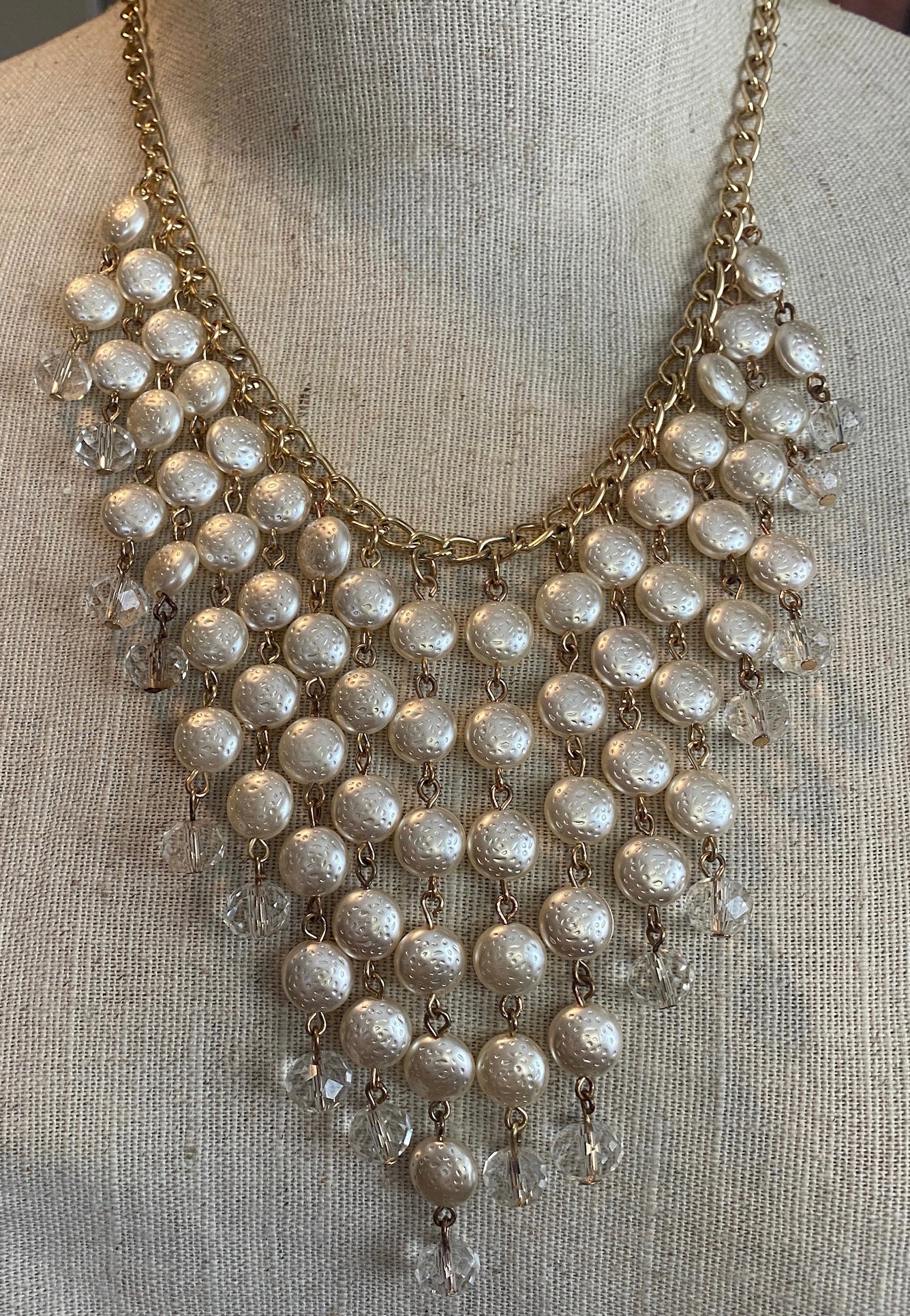 Gold Tone Metal Faux Pearl Bead Bib Collar Statement Necklace