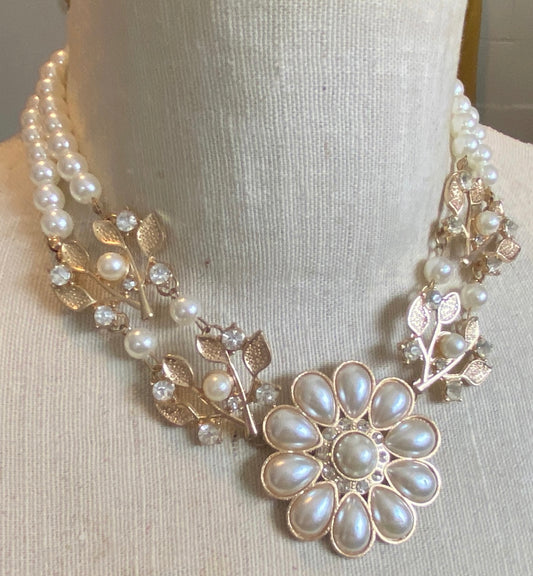 Pretty Vintage Style Faux Pearl Rhinestone Gold Tone Multistrand Necklace