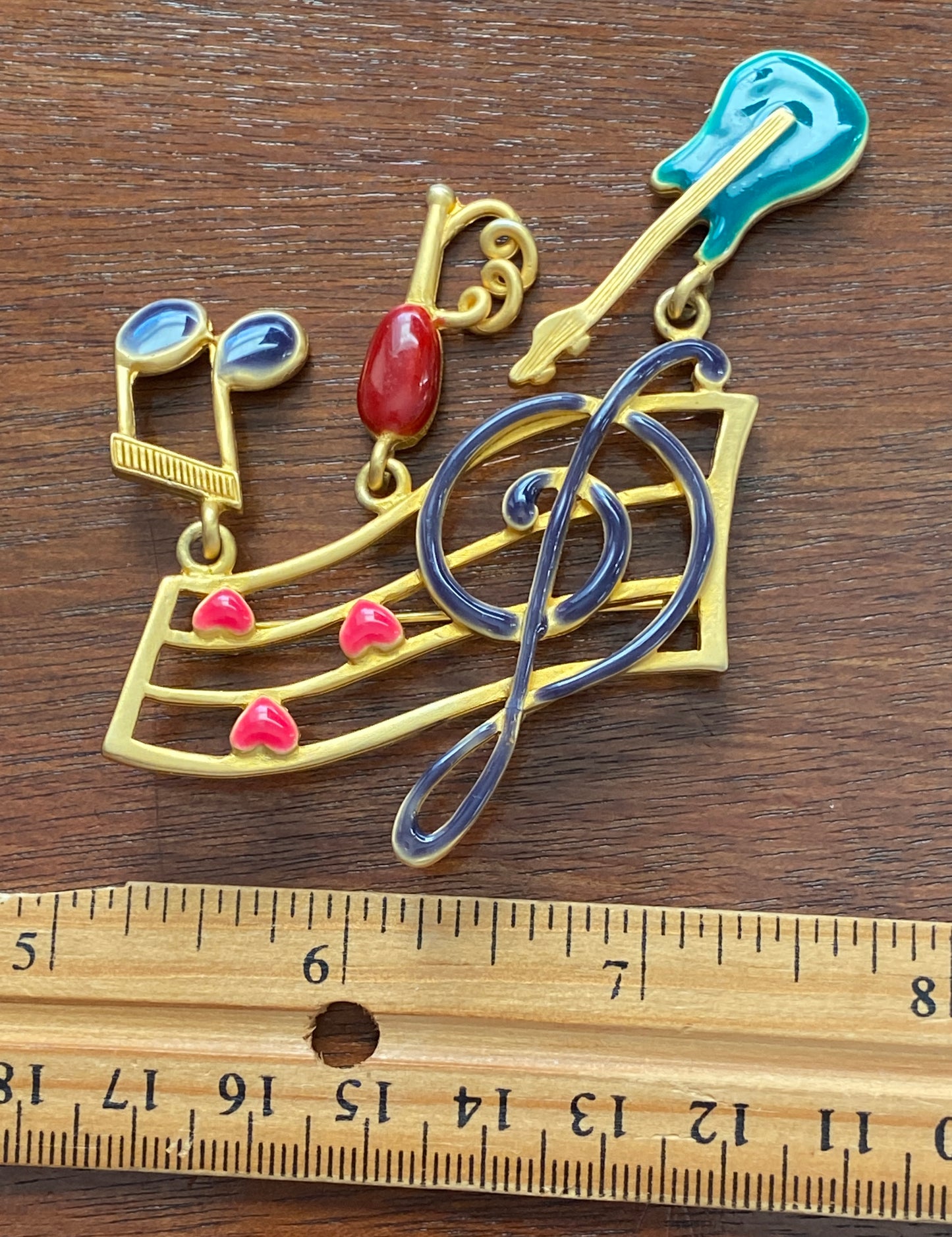 Vintage Large Brushed Gold Tone Enamel Music Theme Guitar Brooch Pin