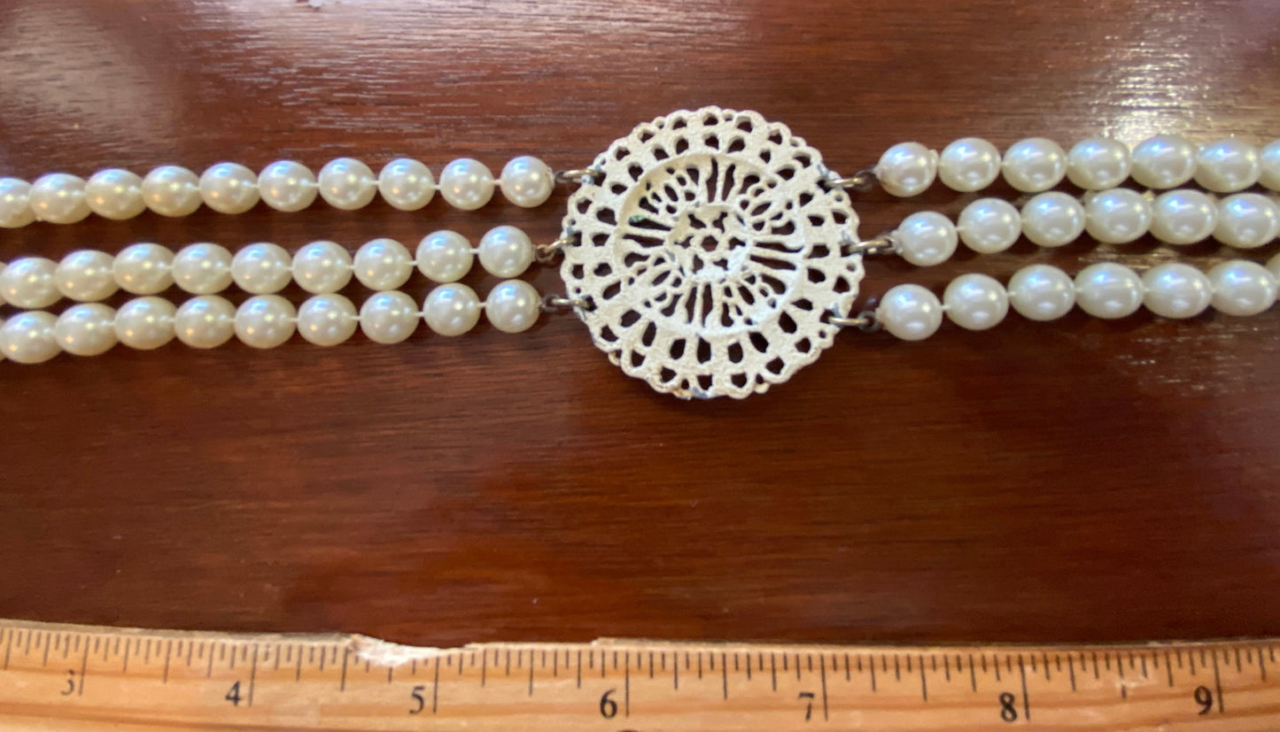 Vintage Victorian Style Multistrand Faux Pearl Medallion Choker Necklace