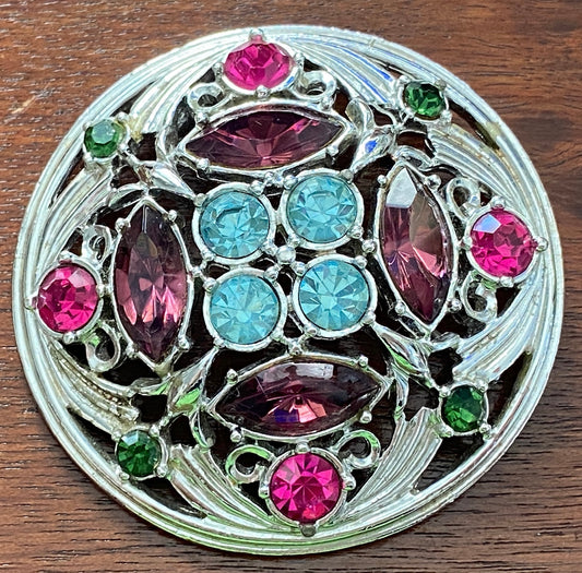 Vintage 70's Springtime Silver Tone Sarah Coventry Rhinestone Brooch Pin Large Round