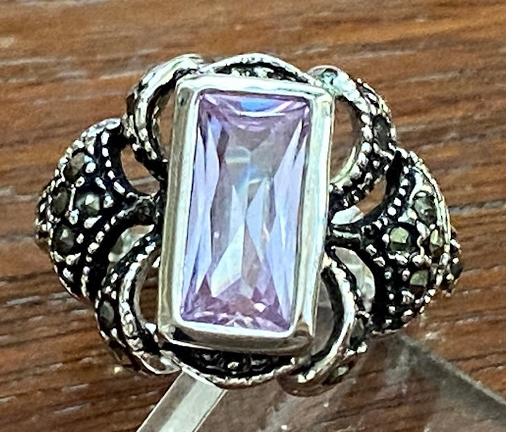 Fleur De Lis Rectangle Cut Bezel Set Lavender CZ Silver Tone Ring Sz 6