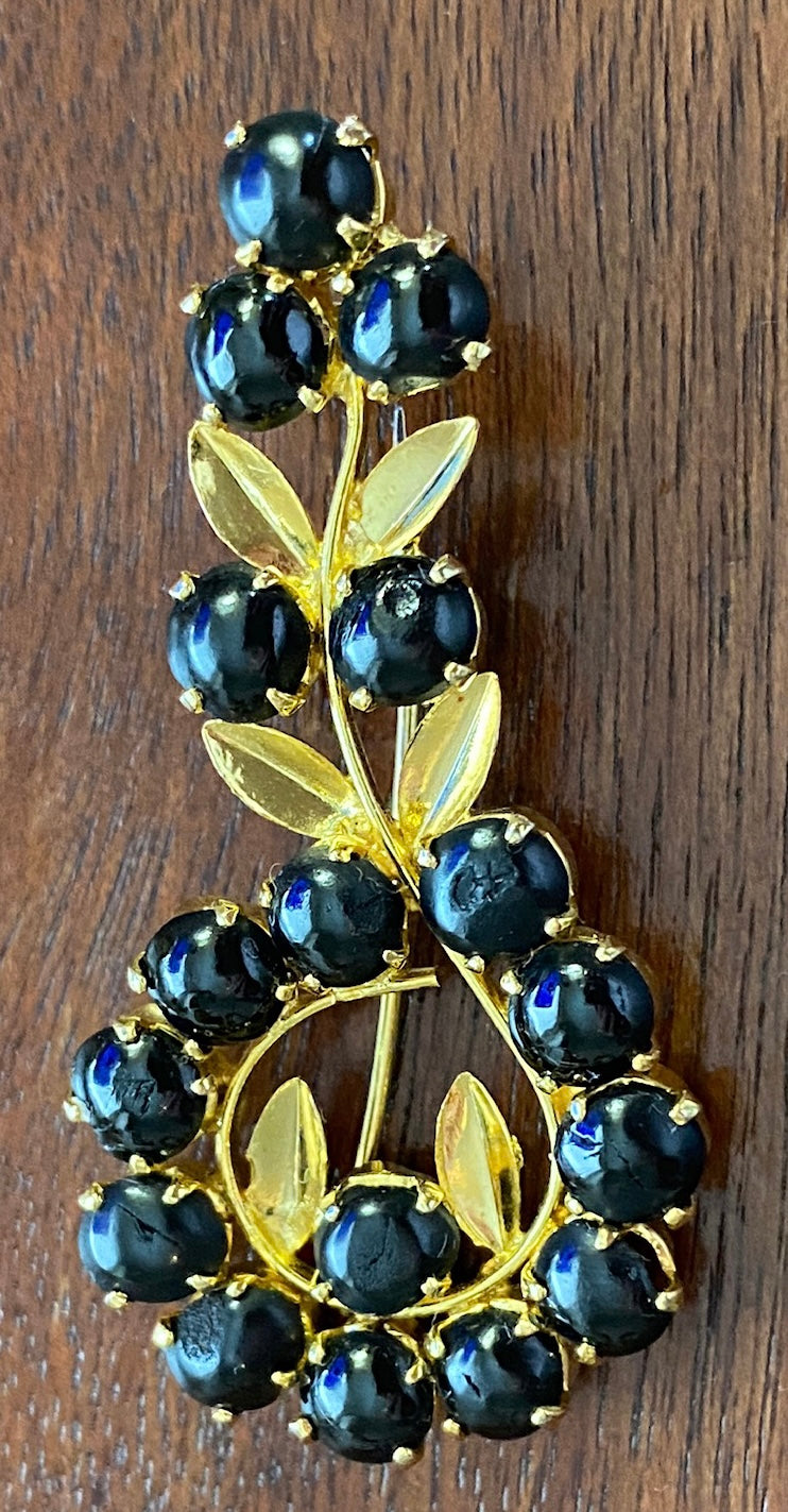 Vintage Gold Tone Black Stone Flower Leaf Brooch Pin