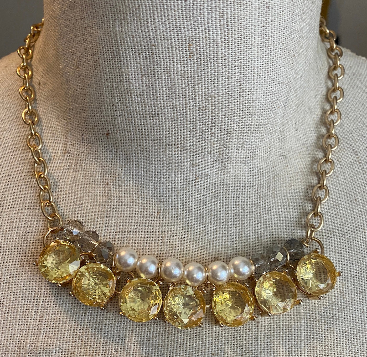 Gold Tone Chain Faux Citrine Pearl Collar Statement Necklace