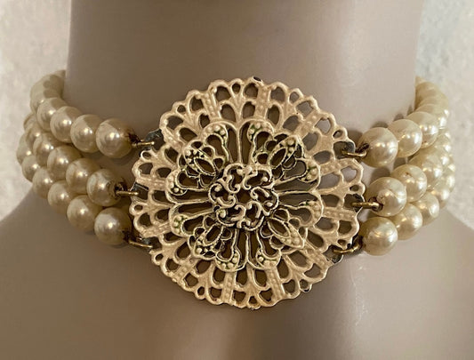 Vintage Victorian Style Multistrand Faux Pearl Medallion Choker Necklace