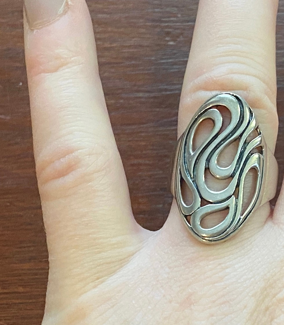 Sterling Silver 925 Swirl Design Large Face Ring Sz 9