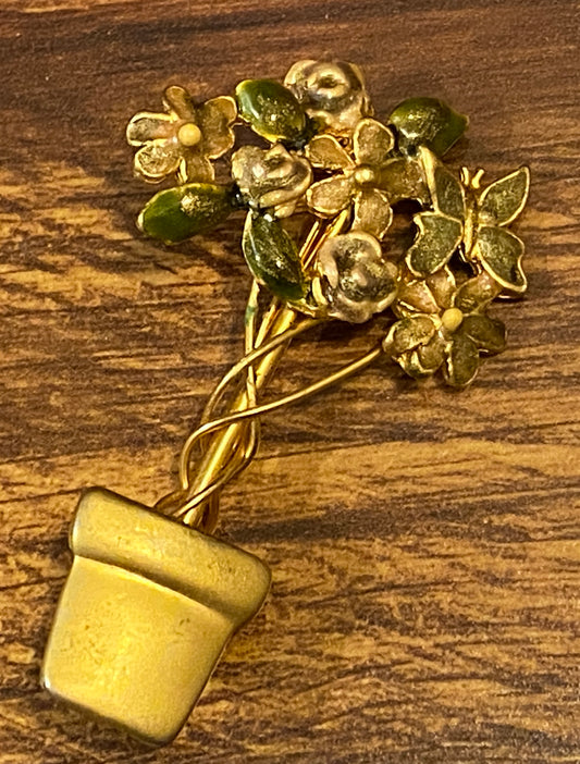 Vintage Enamel Brushed Matte Gold Tone Metal Flower Plant Large Brooch Pin