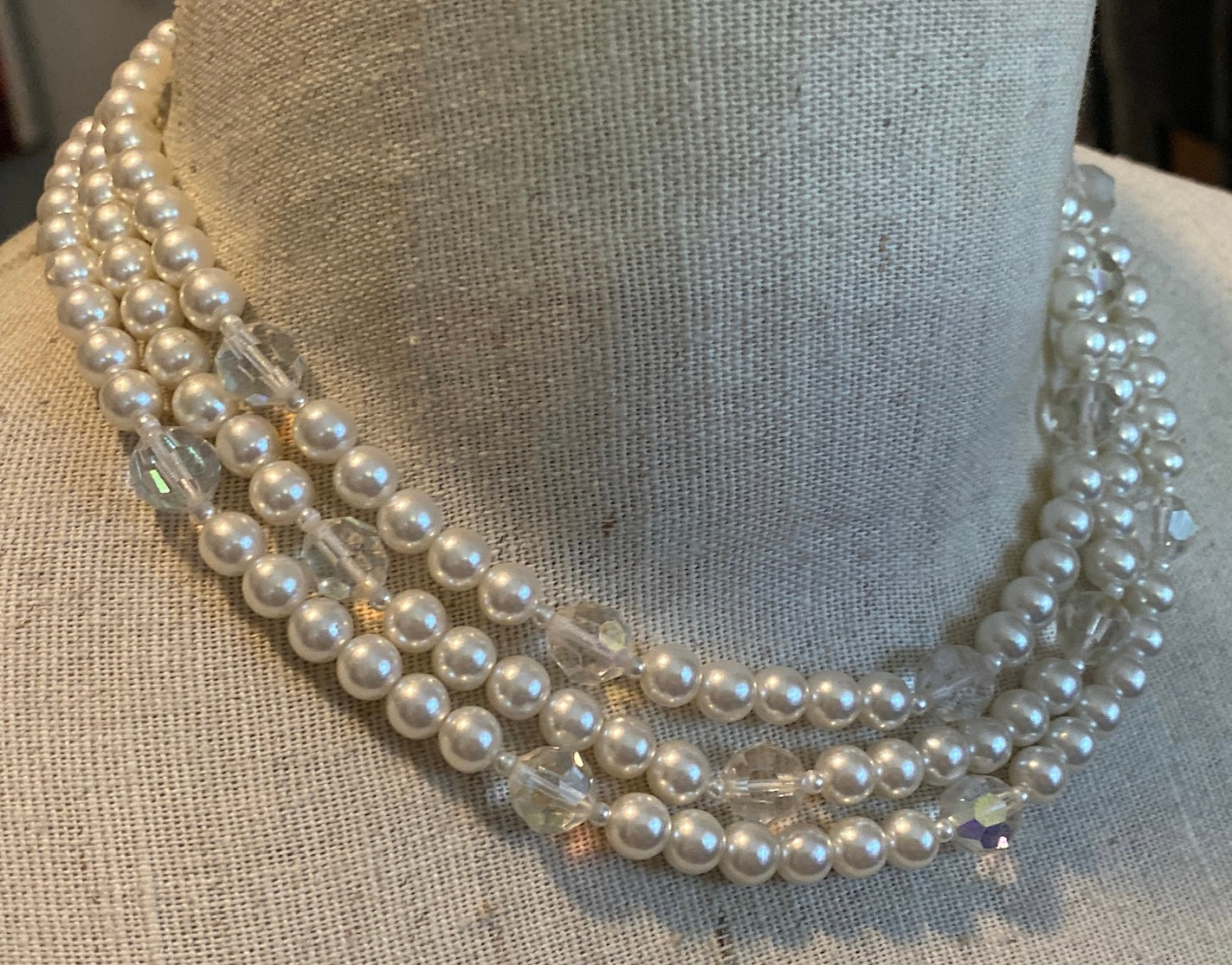 Vintage Multistrand Faux Pearl AB Aurora Borealis Collar Necklace Japan