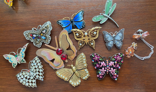 Vintage to Now Butterfly Dragonfly Brooch Pin Lot Rhinestone Faux Pearl Flower