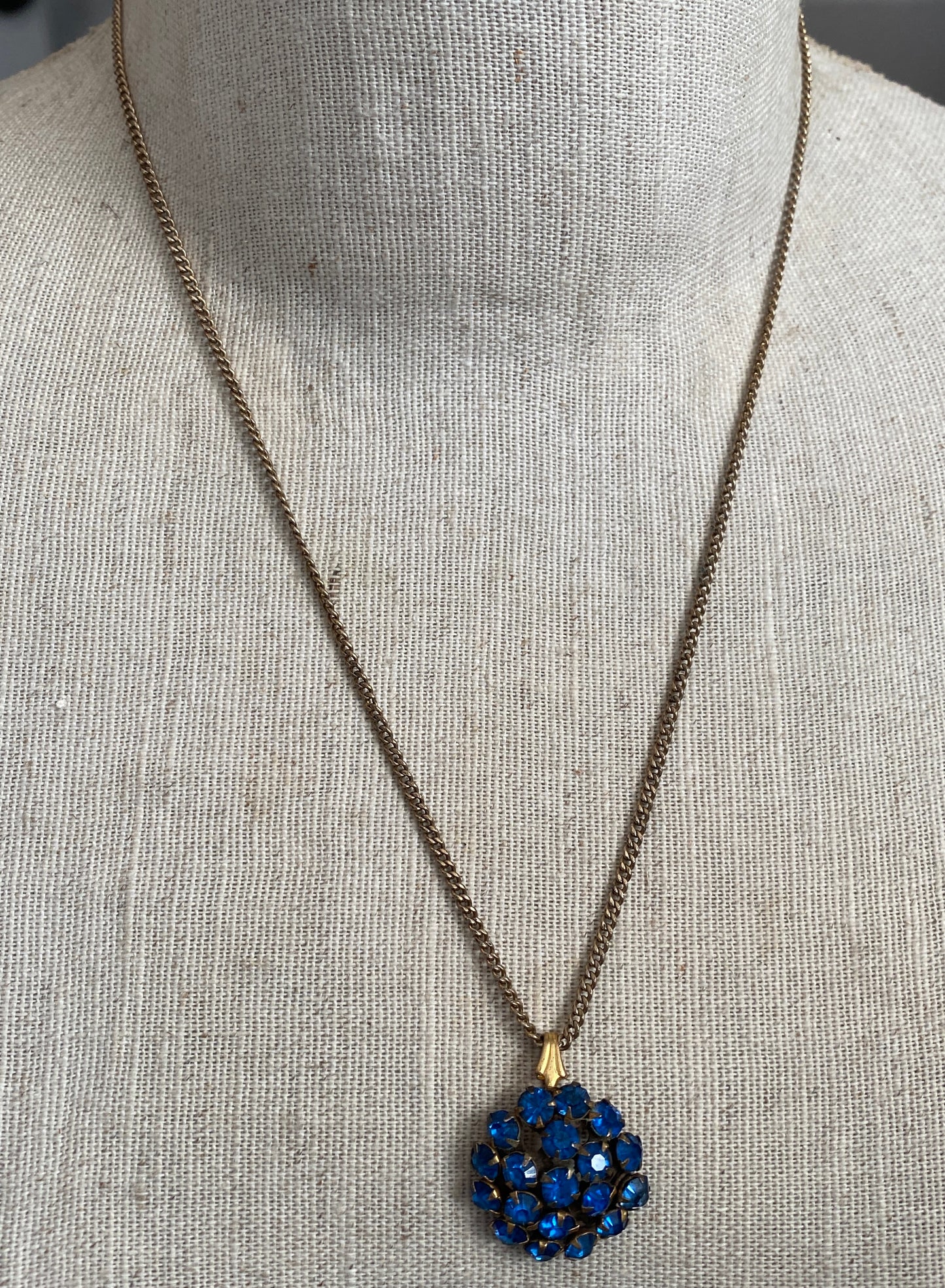 Vintage Blue Rhinestone Cluster Dome Pendant Necklace