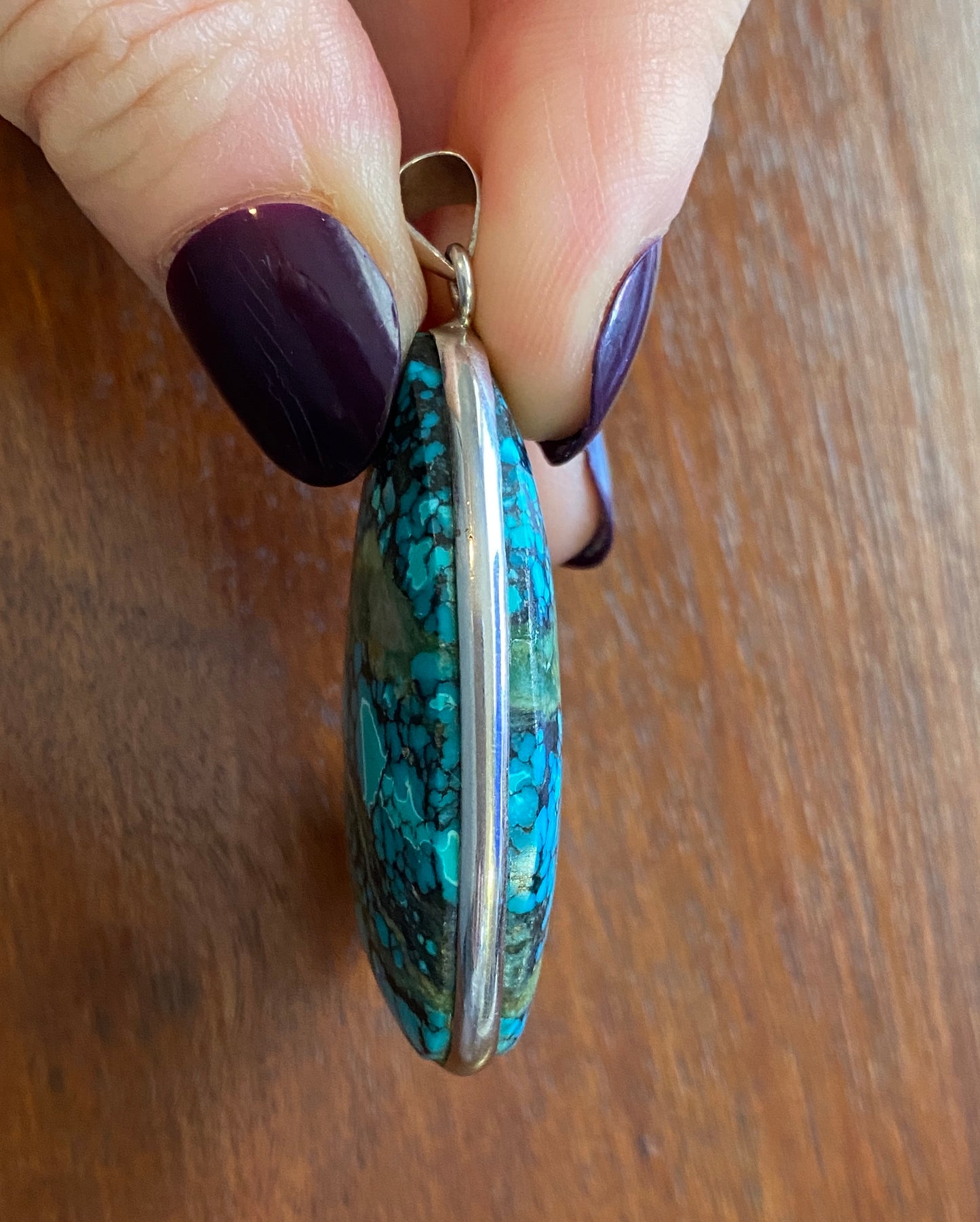 Sterling Silver 925 Large Blue Turquoise Wrapped Pendant Reversible