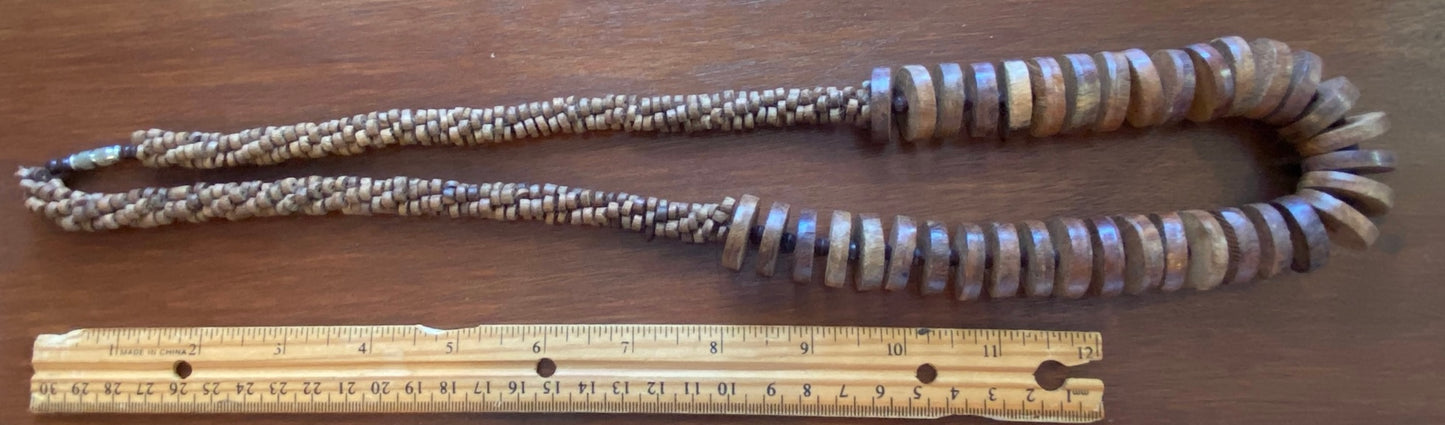 Vintage Wood Bead Disc Long Statement Necklace