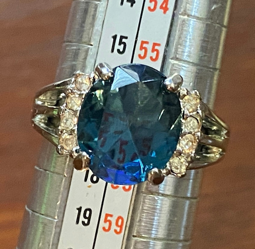 18k GE Blue Simulated Sapphire Crystal Ring Sz 7.75