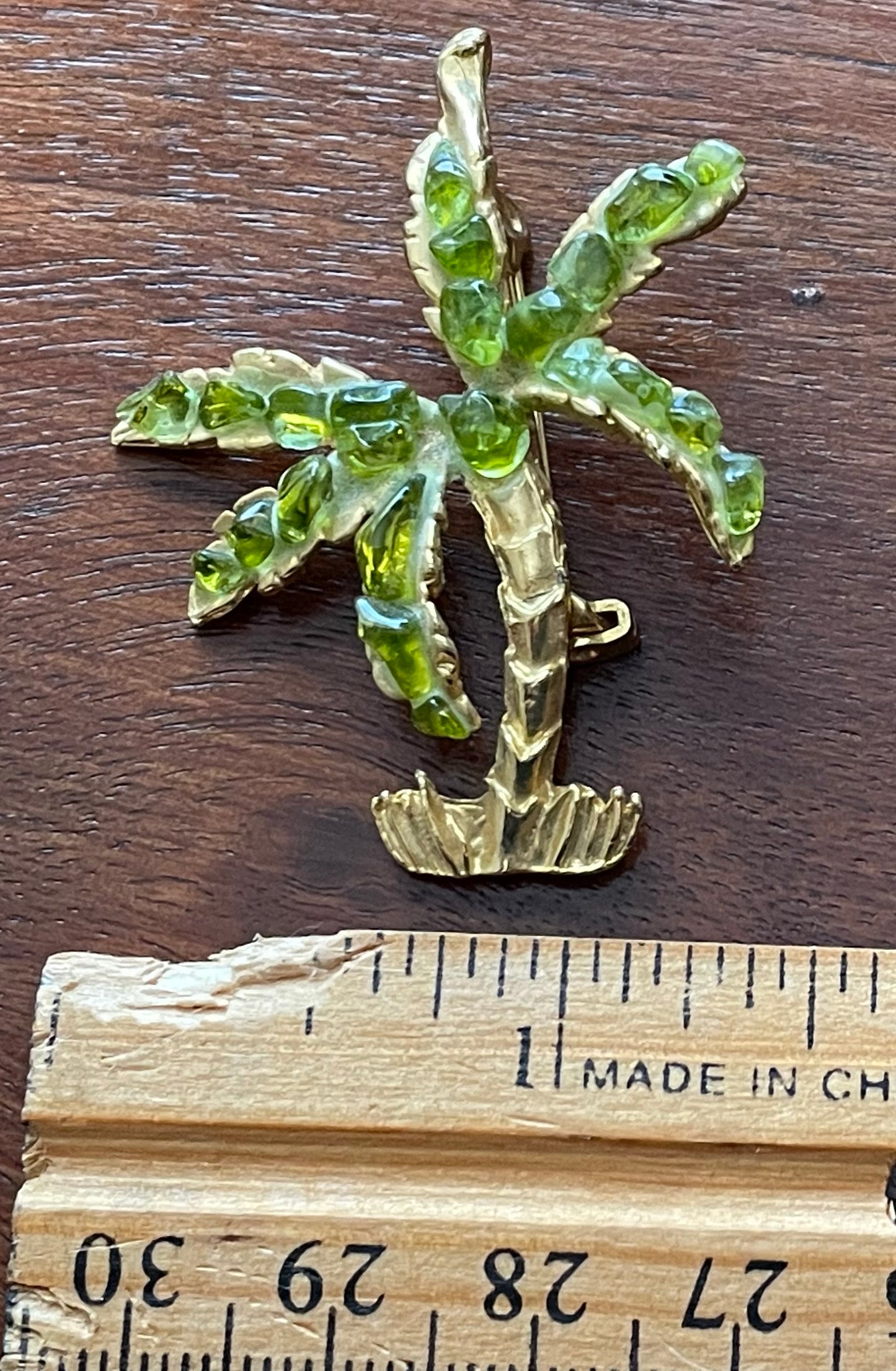 Vintage Gold Tone Metal Green Bead Palm Tree Brooch