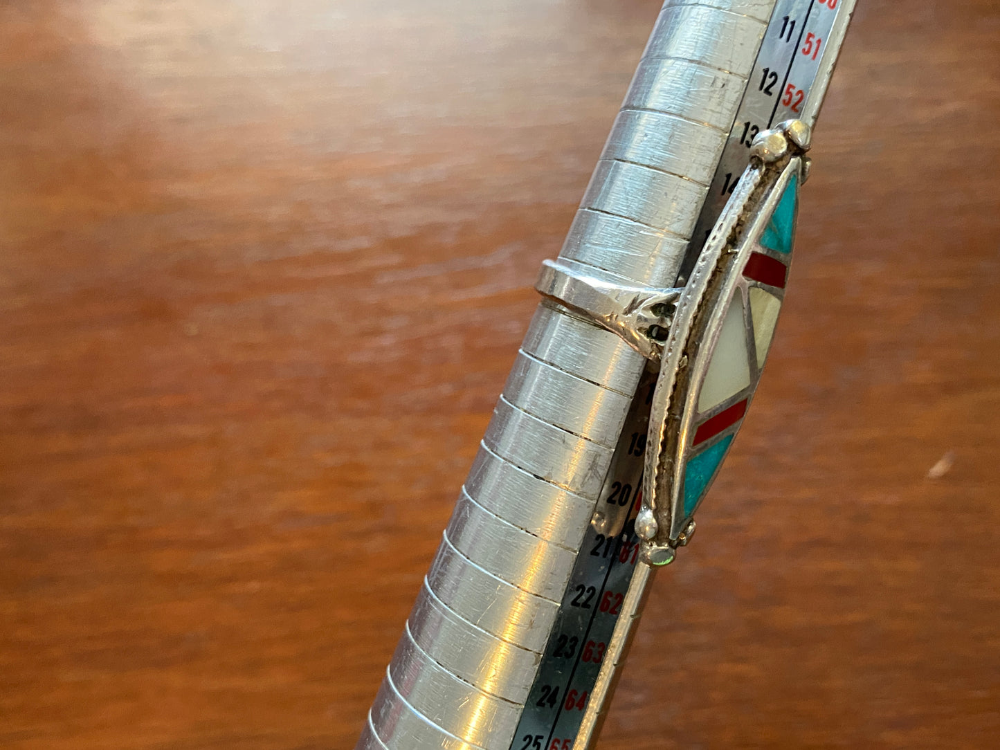 Silver Old Pawn MOP Turquoise Red Coral Inlay Statement Ring Sz 7.75