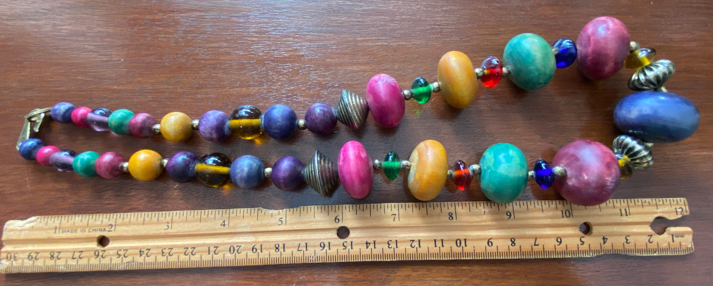 Vintage Large Colorful Wood Bead Long Necklace