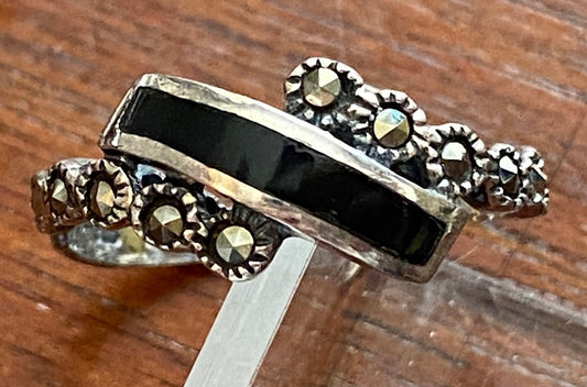 Sterling Silver 925 Onyx Marcasite Ring Sz 6 Signed DAC