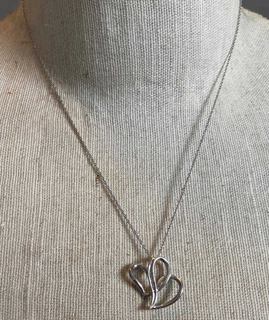 Sterling Silver Chain Double Heart Baguette Diamond Pendant Necklace