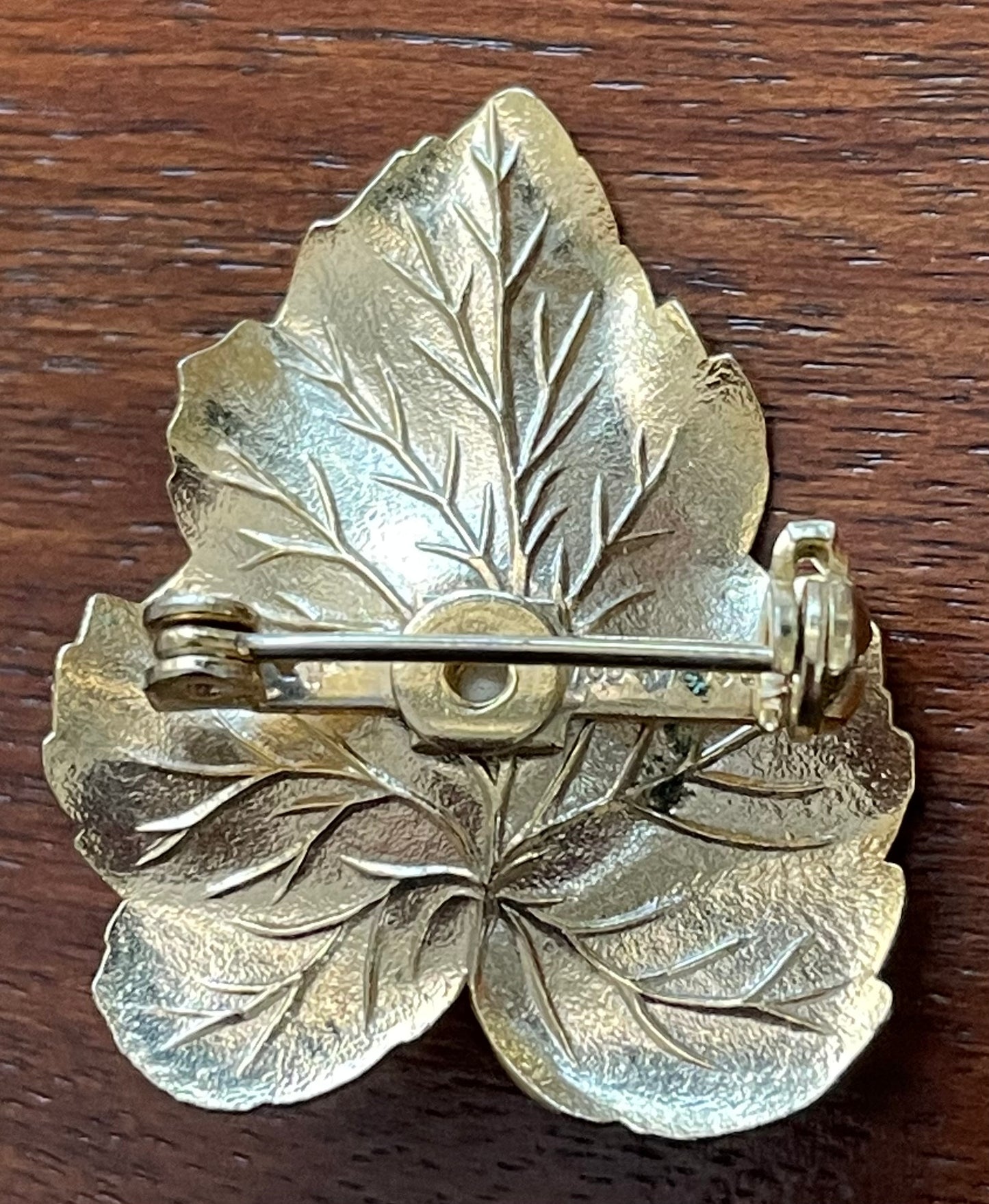 Vintage Gold Tone Metal Faux Pearl Leaf Brooch Pin