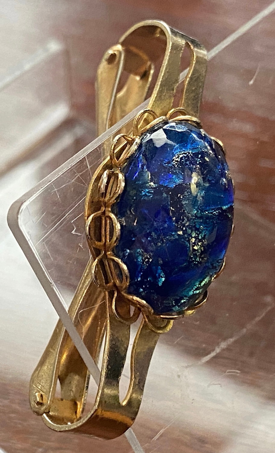 Vintage Blue Art Glass Scarf Clip Gold Tone