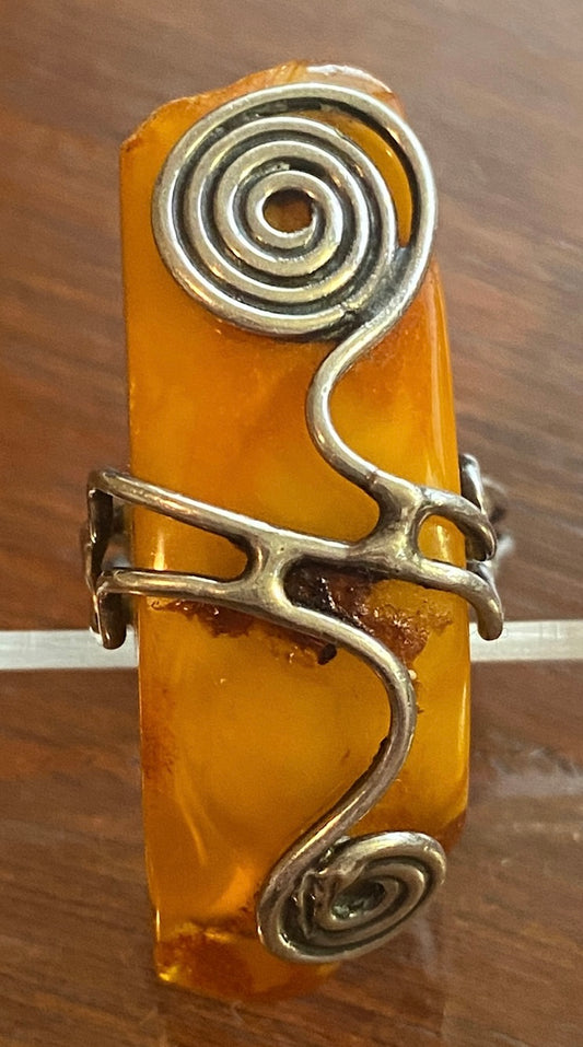 Massive Free Form Amber Wire Wrap Sterling Silver Ring Sz 7.75