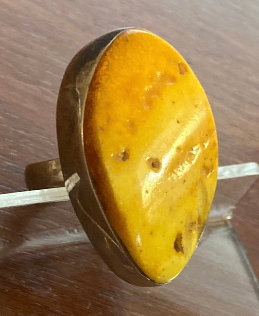 Sterling Silver 925 Large Free Form Yellow Amber Ring Sz 8.75 Signed
