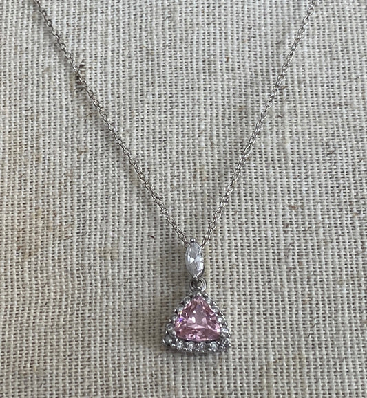 Sterling Silver 925 Chain Pendant Necklace Trillion Cut Pink Clear Round CZ