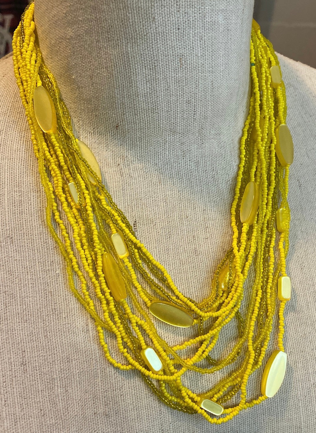 Bright Yellow Green Multistrand Glass Seed Bead Statement Necklace Bright