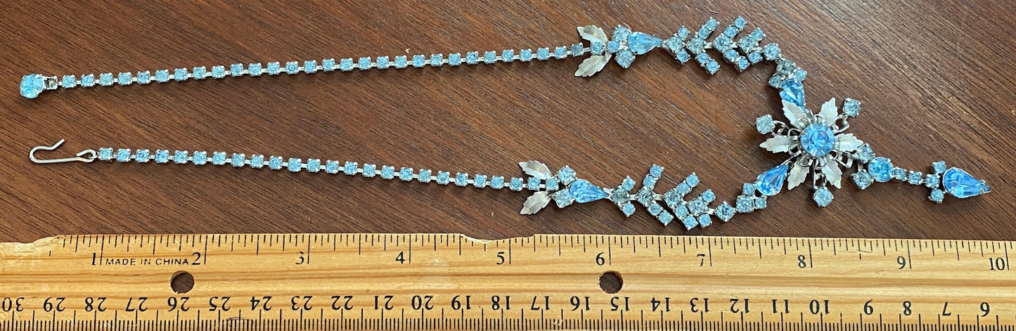 Vintage Blue Rhinestone Silver Tone Flower Garland Necklace Adjustable