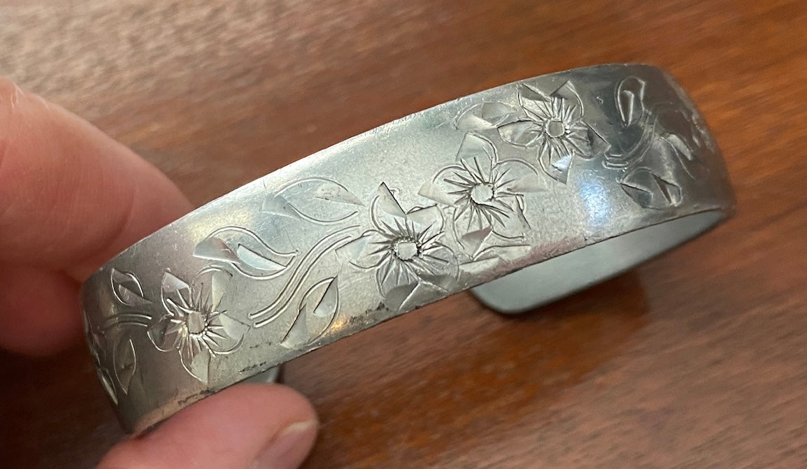 Hand Engraved Hobska Pewter Signed Cuff Flower Bracelet