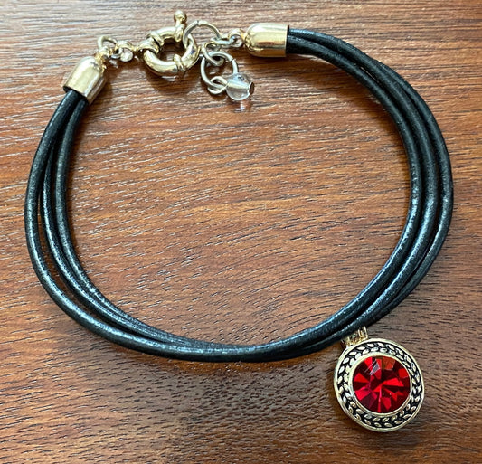Vintage Signed Napier Black Leather Cord Red Rhinestone Charm Bracelet