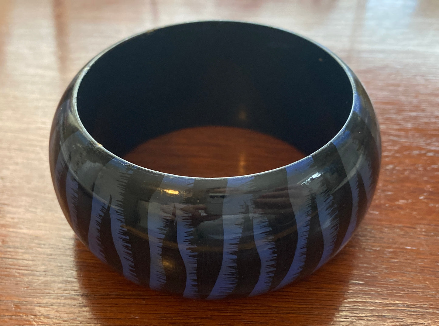 Vintage Wood Painted Blue Zebra Print Wide Domed Bangle Made in India