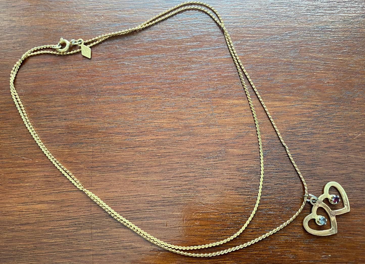 Vintage Sarah Coventry Gold Tone Chain Double Heart Rhinestone Necklace