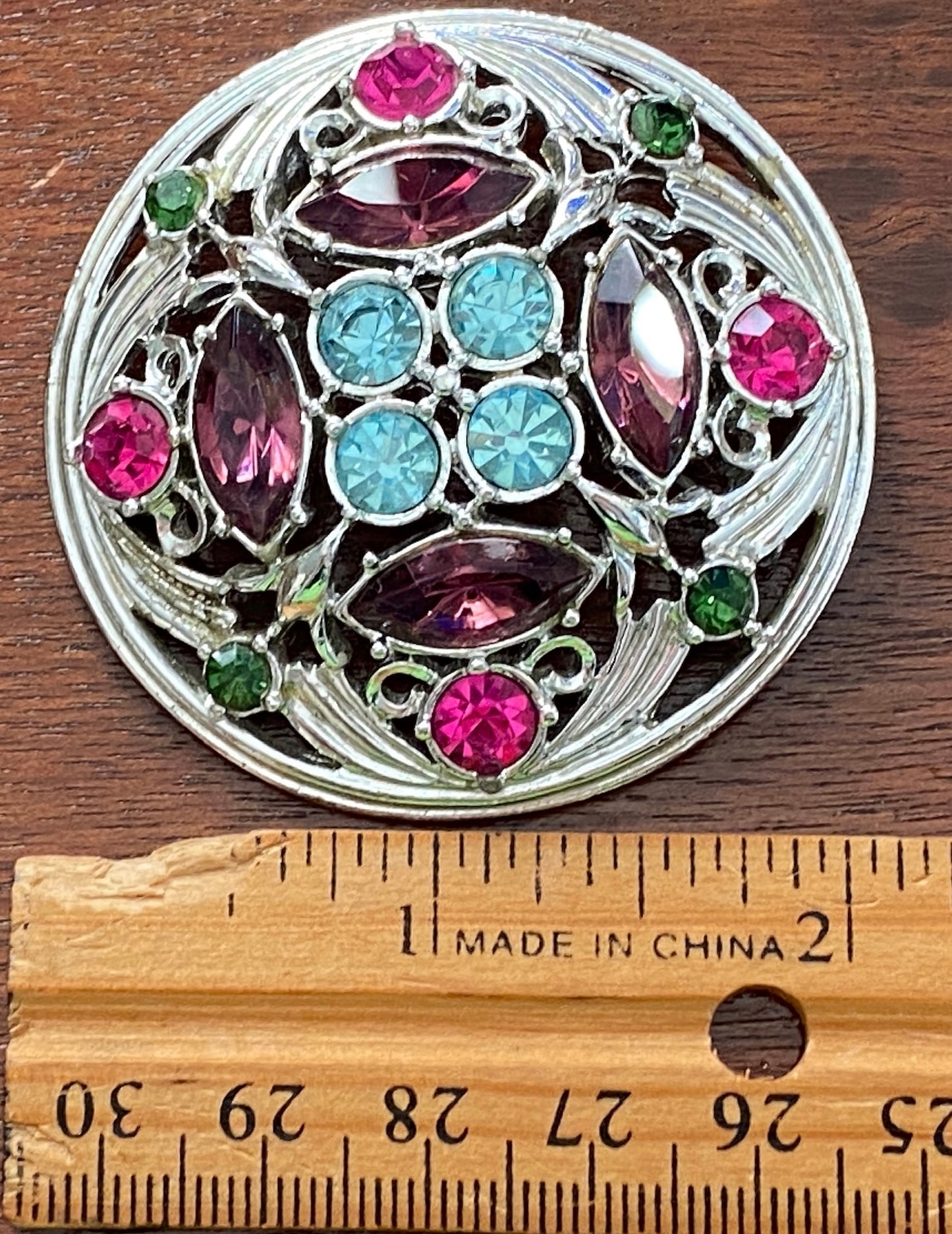 Vintage 70's Springtime Silver Tone Sarah Coventry Rhinestone Brooch Pin Large Round