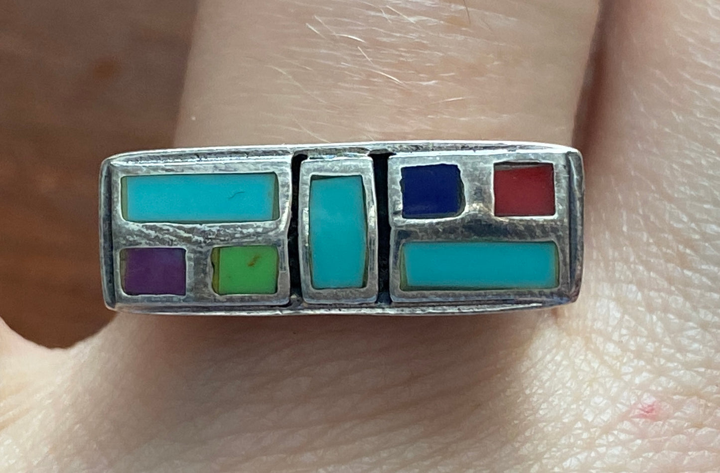 Sterling Silver 925 Turquoise Coral Inlay Modern Style Ring Sz 7.75