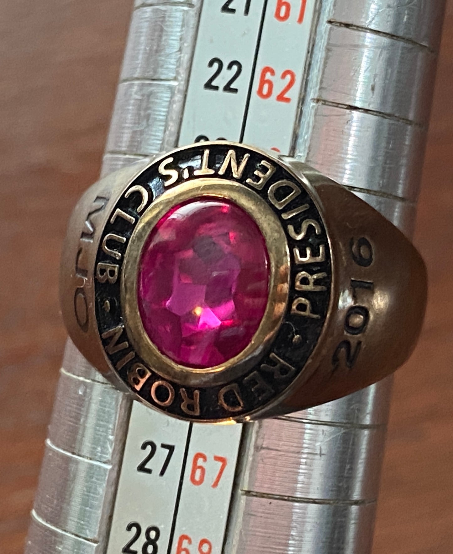 Gold Plate Red Robin Presidents Club Ring Pink Cabochon Sz 10.75