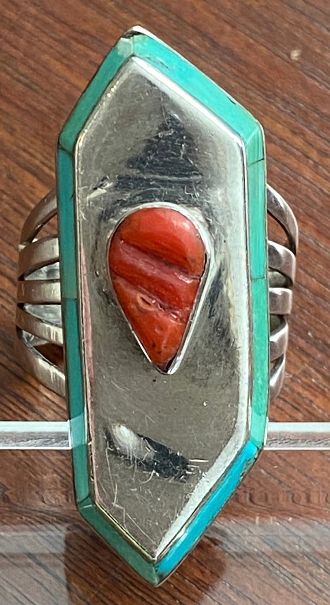 Vintage Sterling Silver Turquoise Border Red Coral Ring Sz 8