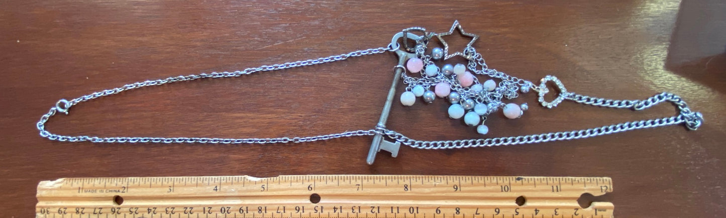 Silvertone Chain Bead Skeleton Key Star Heart Charm Necklace