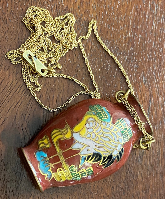 Vintage 1/20 14k Gold Filled Cloisonne Vase Pendant Necklace Crane