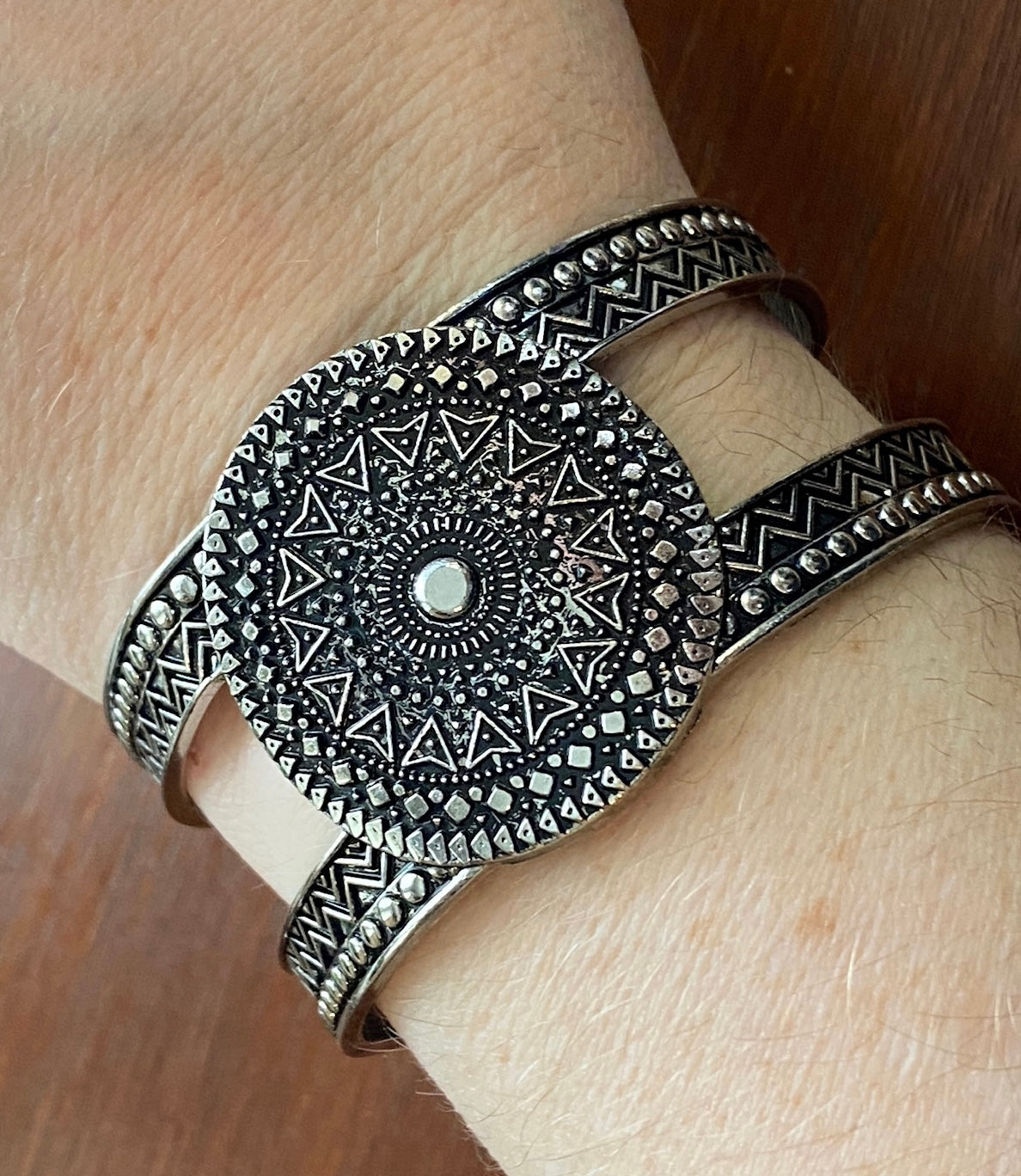 Wide Boho Silver Tone Patterned Metal Medallion Cuff Bracelet