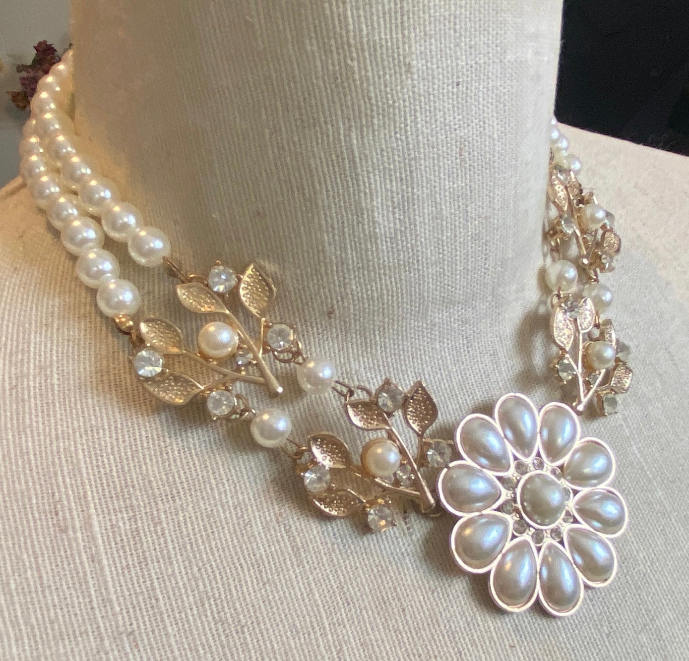 Pretty Vintage Style Faux Pearl Rhinestone Gold Tone Multistrand Necklace
