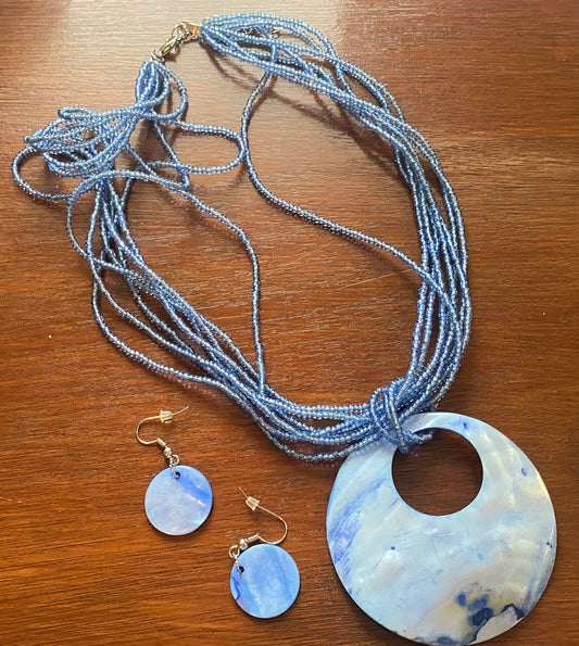Blue Seed Bead Pendant Necklace & Earrings Set