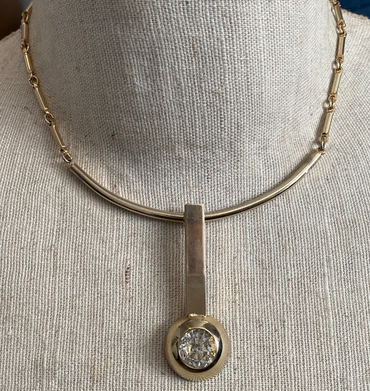 Vintage Gold Tone Drop Slide Large Rhinestone Pendant Necklace
